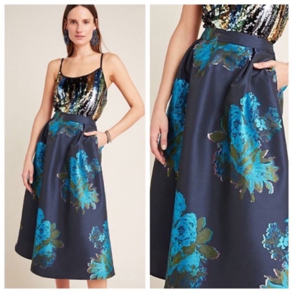 Anthropologie Navy Midi Skirt with Teal Floral Print